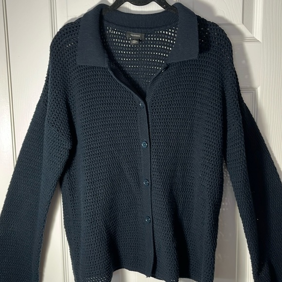 Halogen crochet open knit button cardigan sweater black cotton blend Med - Picture 1 of 13